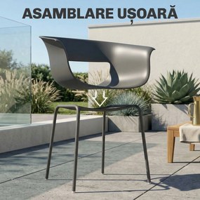 Outsunny Set de 4 Scaune de Exterior, cu Brațe, Spătar Perforat, Picioare Metalice, Gri Închis | Aosom Romania