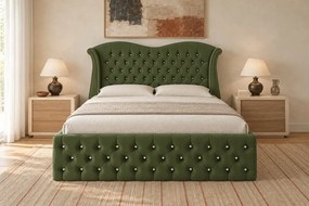 Pat tapițat Chesterfield Avella 160×200 cm, kaki, cu ladă de depozitare
