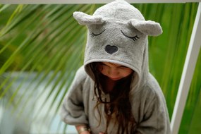 Prosop din fibra de bambus cu gluga si buzunar pentru bebelusi si copii, Poncho Teddy, Grey, 73x58 cm