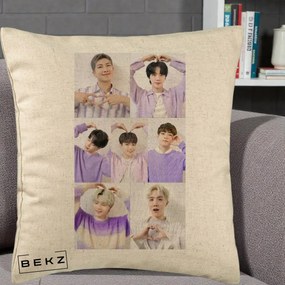 Perna Personalizata K-pop BTS Colaj 7 Portrete cu Inimi Lila, 40x40 cm, Bej, Husa Detasabila, Perna Inclusa, BEKZ®