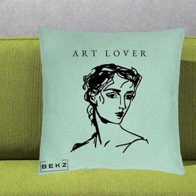 Perna Decorativa Art Lover Portret Grafic, 40x40 cm, Verde Menta, Husa Detasabila, Perna Inclusa, BEKZ®