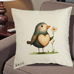Perna Decorativa Pasare cu Inima si Margareta, 40x40 cm, Ecru, Husa Detasabila, Perna Inclusa, BEKZ®