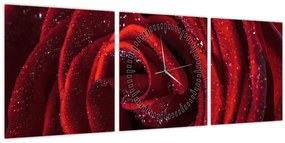 Tablou - Trandafir roșu cu picături de rouă (cu ceas) (90x30 cm)