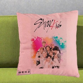 Perna Personalizata K-pop Stray Kids cu Splash Multicolor, 40x40 cm, Roz, Husa Detasabila, Perna Inclusa, BEKZ®