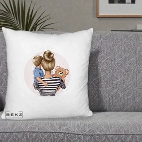Cadou pentru Mama - Perna Personalizata Mama si Baietelul cu Ursulet, 40x40 cm, Alb Pufos, Husa Detasabila, Perna Inclusa, BEKZ®