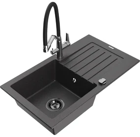 Mexen Pablo chiuvetă de granit cu 1 compartiment cu scurgător și baterie de bucătărie Duo, negru pătat - 6510-76-671701-07-B