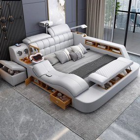 MOBLUX03 Luxury 180x200 cm Light Grey Right Chaise – Pat Inteligent Premium cu Proiector, Vibromasaj, Boxe Bluetooth, Încărcare Wireless și Spații Multiple de Depozitare