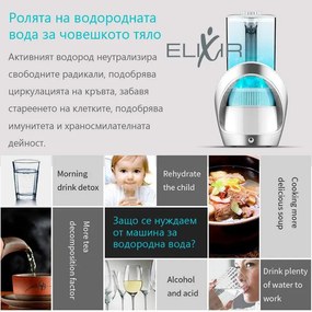 Cana pentru apa cu hidrogen Elixir, 15W, 1,6 L, Ecran tactil, 1200 PPB, Filtru inlocuibil, Alb/Gri