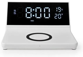 Nedis WCACQ20WT - Ceas cu alarmă, ecran LCD și încărcător wireless 15W/5V alb