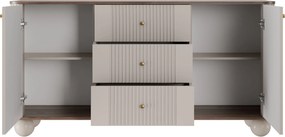 Comodă cu sertare pe picioare rotunde Vesper 160 cm - cașmir / nuc / mânere aurii
