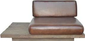 Canapea 1 loc din piele naturală maro, cu bază din lemn reciclat de stejar și blat lateral, aspect rustic, 82 x 140 x 90 cm, „Pure Left”