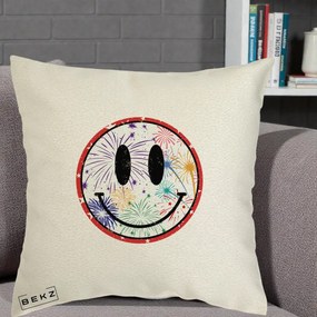 Perna Decorativa Smiley Face cu Artificii Multicolore, 40x40 cm, Ecru, Husa Detasabila, Perna Inclusa, BEKZ®