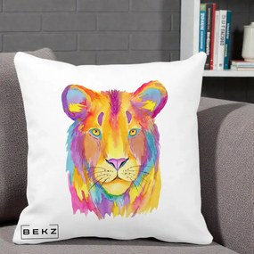 Perna Decorativa Leu Acuarela Curcubeu, 40x40 cm, Alba Mata, Husa Detasabila, Perna Inclusa, BEKZ®