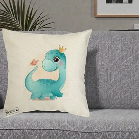 Perna Personalizata Dinozaur Bland Coroana Kawaii, 40x40 cm, Ecru, Husa Detasabila, Perna Inclusa, BEKZ®