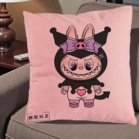 Perna Personalizata Labubu x Kuromi, 40x40 cm, Roz, Husa Detasabila, Perna Inclusa, BEKZ®