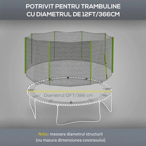 SPORTNOW Plasă Siguranță Trambulină Rotundă 366cm 8 Stâlpi Drepti Tarc Rezervă Plasă Rezistentă Negru Verde | Aosom Romania