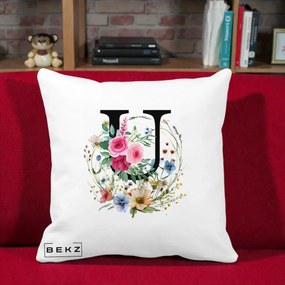 Cadou Personalizat - Perna Personalizata Monogram Litera U cu Flori Acuarela, 40x40 cm, Alba Mata, Husa Detasabila, Perna Inclusa, BEKZ®