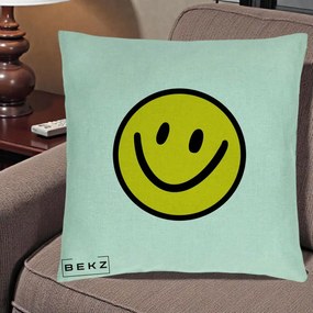 Perna Decorativa Smiley Face Galben Clasic, 40x40 cm, Verde Menta, Husa Detasabila, Perna Inclusa, BEKZ®