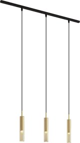 Sistem de iluminat pe șină modern negru cu 3 lumini suspendate aurii cu sticlă ambră monofazată - Slimline Loyce