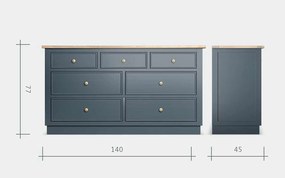 Comodă lemn masiv natur Richmond 7 sertare Albastru/, 140 × 45 × 77 cm