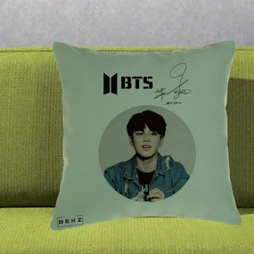 Perna Personalizata K-pop BTS Jimin Portret Cerc Autograf Geaca, 40x40 cm, Verde, Husa Detasabila, Perna Inclusa, BEKZ®