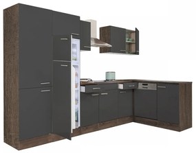 Mobilă de bucătărie de colț Yorki 340, corp din stejar Yorki, față antracit satinat, dulap cu rafturi și frigider cu congelator superior.