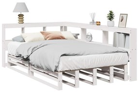 vidaXL Pat cu bibliotecă fără saltea, alb, 120x190 cm, lemn masiv pin
