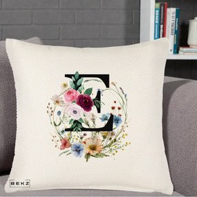 Cadou Personalizat - Perna Personalizata Monogram Litera E cu Flori Acuarela, 40x40 cm, Crem Reliefat, Husa Detasabila, Perna Inclusa, BEKZ®