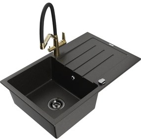 Mexen Bruno chiuvetă de granit cu un compartiment, cu picurător și baterie de bucătărie Duo, Neagră/Auriu metalic - 6513-75-6717
