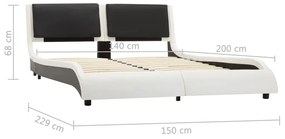 Cadru de pat cu LED, alb si negru, 140x200 cm, piele ecologica white and black, 140 x 200 cm