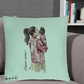 Cadou pentru Mama - Perna Personalizata Super Mom Jachete Roz, 40x40 cm, Verde Menta, Husa Detasabila, Perna Inclusa, BEKZ®