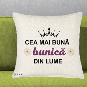 Cadou pentru Bunica - Perna Personalizata Cea Mai Buna Bunica Din Lume Coroana Mov Flori, 40x40 cm, Crem Reliefat, Husa Detasabila, Perna Inclusa, BEKZ®