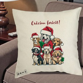 Perna Decorativa Caini cu Bonete Craciun Fericit, 40x40 cm, Ecru, Husa Detasabila, Perna Inclusa, BEKZ®