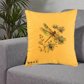 Perna Decorativa Libelula Acuarela Flori Albastre, 40x40 cm, Galben, Husa Detasabila, Perna Inclusa, BEKZ®