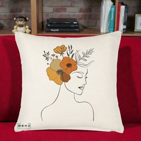 Perna Decorativa Portret Feminin Flori Galbene-Portocalii, 40x40 cm, Crem Reliefat, Husa Detasabila, Perna Inclusa, BEKZ®