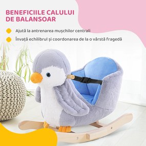 HOMCOM Balansoar Pinguin din Pluș cu Melodii și Centură de Siguranță, Balansoar pentru Copii, 60x33x50 cm, Gri | Aosom Romania