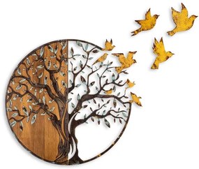 Decorațiune de perete 92x71 cm lemn/metal copac și păsări