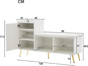 Dulap pentru pantofi cu finisaj lucios, bancă tapițată, rafturi ajustabile și accente aurii, pentru intrare, hol, 120x35x71,5 cm, Alb
