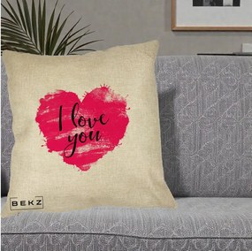 Cadou Romantic - Perna Personalizata I Love You Inima Roz, 40x40 cm, Crem, Husa Detasabila, Perna Inclusa, BEKZ®
