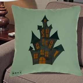 Perna Decorativa Halloween Casa Bantuita Minimalista, 40x40 cm, Verde, Husa Detasabila, Perna Inclusa, BEKZ®