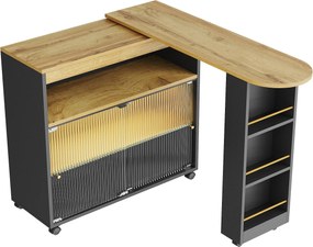 Masă bar modernă extensibilă și mobilă, cu LED, spațiu mare de depozitare, 138-204×39×105 cm, Negru