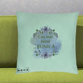 Cadou pentru Bunica - Perna Personalizata Cea Mai Buna Bunica Flori Mov Acuarela Auriu, 40x40 cm, Verde Menta, Husa Detasabila, Perna Inclusa, BEKZ®
