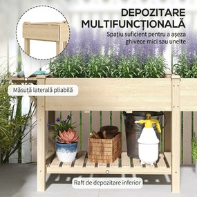 Outsunny Strat Înălțat de Grădină cu Masă Laterală, Raft Inferior și  Orificii de Drenaj, 207x59x78 cm, Lemn Natural | Aosom Romania
