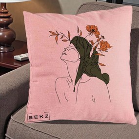 Perna Decorativa Portret Feminin Profil Flori Portocalii, 40x40 cm, Roz, Husa Detasabila, Perna Inclusa, BEKZ®