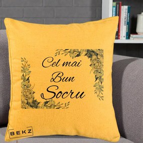 Cadou pentru Socru - Perna Personalizata Cel mai Bun Socru cu Flori Albastre Acuarela, 40x40 cm, Galben, Husa Detasabila, Perna Inclusa, BEKZ®