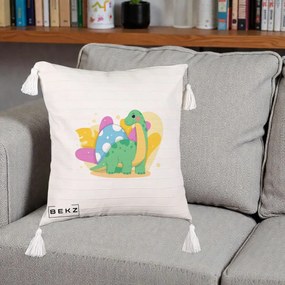 Perna Personalizata Dinozaur cu Ou Pastelat, 40x40 cm, Bej cu Franjuri, Husa Detasabila, Perna Inclusa, BEKZ®