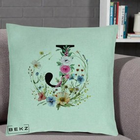 Cadou Personalizat - Perna Personalizata Monogram Litera J cu Flori Acuarela, 40x40 cm, Verde Menta, Husa Detasabila, Perna Inclusa, BEKZ®