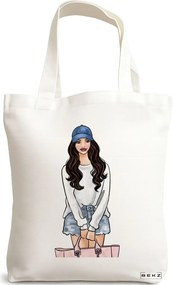 Sacosa de Panza pentru Cumparaturi, Geanta Tote Travel Girl 6, 38x34.5 cm, Alba, BEKZ®