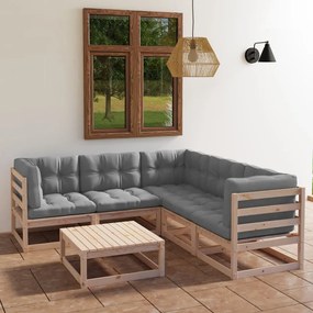 Set mobilier de gradina cu perne, 6 piese, lemn masiv de pin Maro, 1
