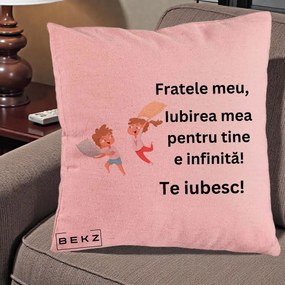 Cadou pentru Frate - Perna Personalizata Fratele Meu Te Iubesc Copii Batalie Perne, 40x40 cm, Roz, Husa Detasabila, Perna Inclusa, BEKZ®